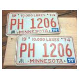 Vintage 1974 (Matching Set) Embossed 10000 Lakes Minnesota License Plate