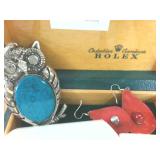 Rolex Box (real) with sets of earrings  hat pins -  and Owl Piece