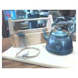 Metal Tea Pot  Mini wooden tool box and dreamcatcher