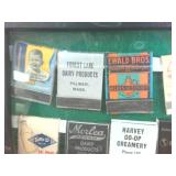 Vintage Framed Matchbook Collection including -  Forest Lake Dairy  Harvey Coop Creamery -  Super Milk out of Fargo -  MelORich  Acee  Grand Prize Milk and more!