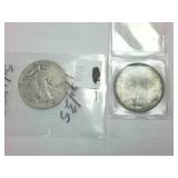2 coins  1943-s Silver Walking Liberty Half Dollar plus one unknown year worn half Dollar Piece  one dollar face value