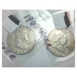 2 coins  1962-D and 1963-D Silver Franklin Half Dollars  one dollar face value