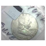 2 coins  1962-D and 1963-D Silver Franklin Half Dollars  one dollar face value