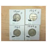 4 coins  1964 Silver Washington Quarters  one dollar face