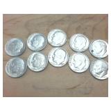 10 silver coins  Various years Roosevelt Dimes pre-65 in nice shiny bright condition  one dollar face value