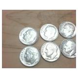 10 silver coins  Various years Roosevelt Dimes pre-65 in nice shiny bright condition  one dollar face value