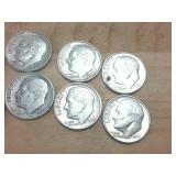10 silver coins  Various years Roosevelt Dimes pre-65 in nice shiny bright condition  one dollar face value