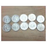 10 silver coins  Various years Roosevelt Dimes pre-65 in nice shiny bright condition  one dollar face value