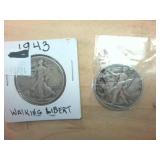 2 coins  1943 and 1943D Silver Walking Liberty Half Silver Dollars 1 dollar face value