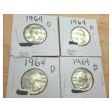 4 coin lot  1964D Silver Washington Quarters  one dollar face value
