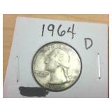 4 coin lot  1964D Silver Washington Quarters  one dollar face value
