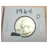 4 coin lot  1964D Silver Washington Quarters  one dollar face value
