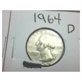 4 coin lot  1964D Silver Washington Quarters  one dollar face value