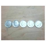 5 coin lot  Silver Roosevelt Dimes pre  1965  50 cent face value in nice, bright condition