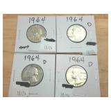 4 coin lot  1964 Silver Washington Quarters  one dollar face value