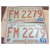 2 Matching Vintage Minnesota Embossed License Plates from 1974