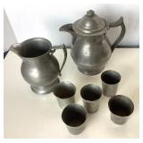 Pair of Antique and Vintage Pewter Pitchers + Set of 5 Cups