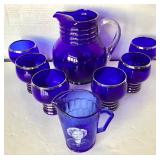 Mid-century Silver Flashed Cobalt Blue Pitcher and Tumblers + Vintage Shirley Temple Pitcher