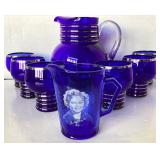 Mid-century Silver Flashed Cobalt Blue Pitcher and Tumblers + Vintage Shirley Temple Pitcher