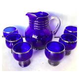 Mid-century Silver Flashed Cobalt Blue Pitcher and Tumblers + Vintage Shirley Temple Pitcher