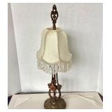 Classical English Victorian Gilt Metal Table Lamp With Fringed Shade