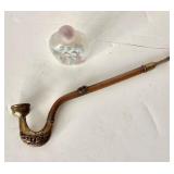 Vintage Chinese Reverse Painted Glass Snuff Bottle + Copper / Brass Opium Pipe