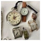 Group of Assorted Watches + Vintage Clock Parts