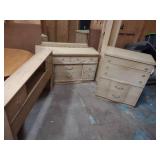 Vintage mid-century blonde wood bed set = Tall Dresser, long dresser with mirror, and headboard