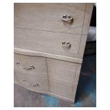 Vintage mid-century blonde wood bed set = Tall Dresser, long dresser with mirror, and headboard