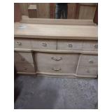 Vintage mid-century blonde wood bed set = Tall Dresser, long dresser with mirror, and headboard