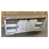 White and Wood Top Farmhouse TV Stand with Sliding Barn Doors
