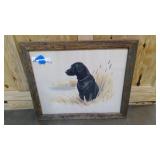 Rustic wood and bullet casing framed black lab painting 27"x23"