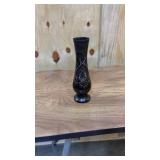 Vintage black and gold etched brass vase 7"