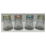 Vintage Set Of Four Clear Glass Tapered Canister Jar Set With Wire Bail Clasp 4 5/8" Tall