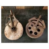 2 Antique Pulley Wheels one Wooden wheel & one Metal Wheel