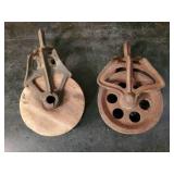2 Antique Pulley Wheels one Wooden wheel & one Metal Wheel