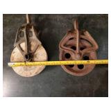 2 Antique Pulley Wheels one Wooden wheel & one Metal Wheel