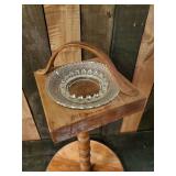 Antique Standing Wooden Ashtray and glass Tray with leather Handle