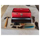 Popular Mechanics Red Tool Box with Tools including Masterforce Locking Pliers, Wire Brush, and Claw Hammer