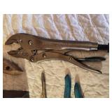 Popular Mechanics Red Tool Box with Tools including Masterforce Locking Pliers, Wire Brush, and Claw Hammer