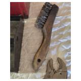 Popular Mechanics Red Tool Box with Tools including Masterforce Locking Pliers, Wire Brush, and Claw Hammer