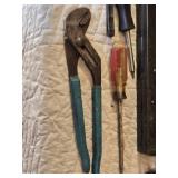 Popular Mechanics Red Tool Box with Tools including Masterforce Locking Pliers, Wire Brush, and Claw Hammer