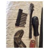 Popular Mechanics Red Tool Box with Tools including Masterforce Locking Pliers, Wire Brush, and Claw Hammer