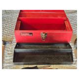 Popular Mechanics Red Tool Box with Tools including Masterforce Locking Pliers, Wire Brush, and Claw Hammer