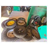 Lot of Lawn Mower Wheels and Tires Assortment including Various Sizes and Types