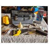 Toolbox and Hand Tools including Stanley Hand Saw, EZ Grip Suction Handle, and Accessories