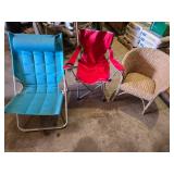 Blue Outdoor Lounge Chair, Red Folding Camping Chair, and Wicker Chair Set