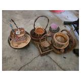 Assorted Baskets and Buckets Lot including Wicker Baskets, Tree Bark Planter, and Metal Pails