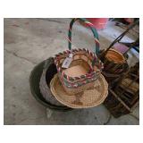 Assorted Baskets and Buckets Lot including Wicker Baskets, Tree Bark Planter, and Metal Pails