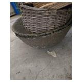 Assorted Baskets and Buckets Lot including Wicker Baskets, Tree Bark Planter, and Metal Pails